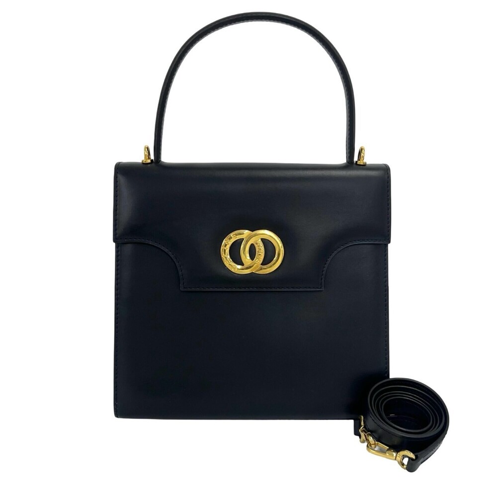CELINE Vintage Circle Logo Hardware Leather 2-way Shoulder Bag/Handbag Navy B...